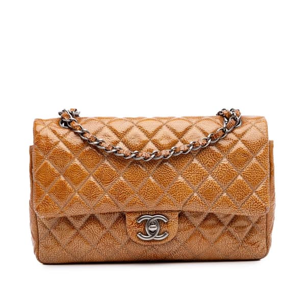 Pre-owned Chanel Medium Classic Crinkled Patent Double Flap Brown