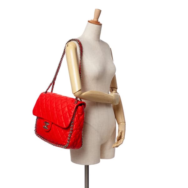 Pre-owned Chanel Maxi Washed Lambskin Chain Around Flap Red