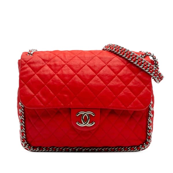 Pre-owned Chanel Maxi Washed Lambskin Chain Around Flap Red