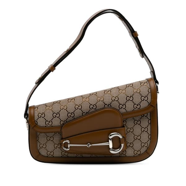 Pre-owned Gucci GG Canvas Asymmetric Horsebit 1955 Shoulder Bag Brown