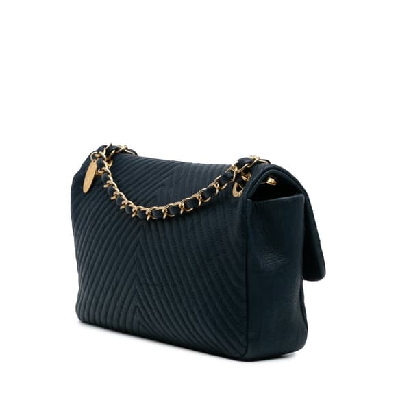 Pre-owned Chanel Medium Chevron Wrinkled Calfskin Medallion Charm Flap Blue