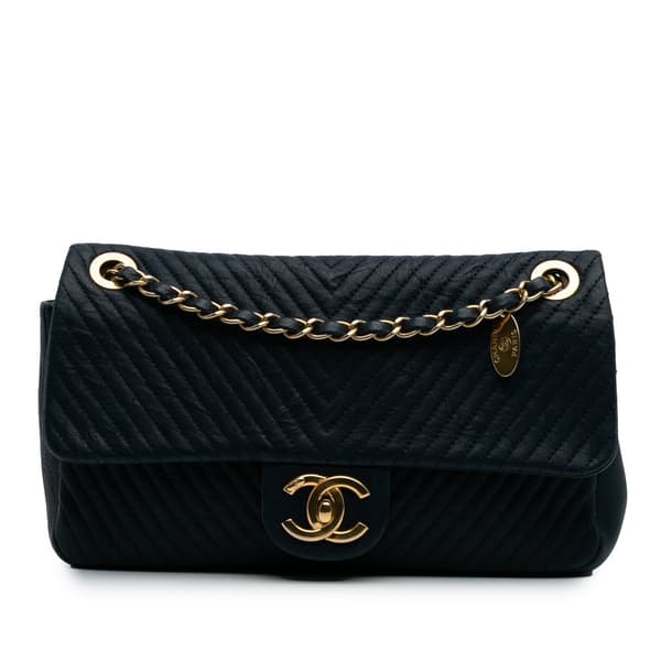 Pre-owned Chanel Medium Chevron Wrinkled Calfskin Medallion Charm Flap Blue