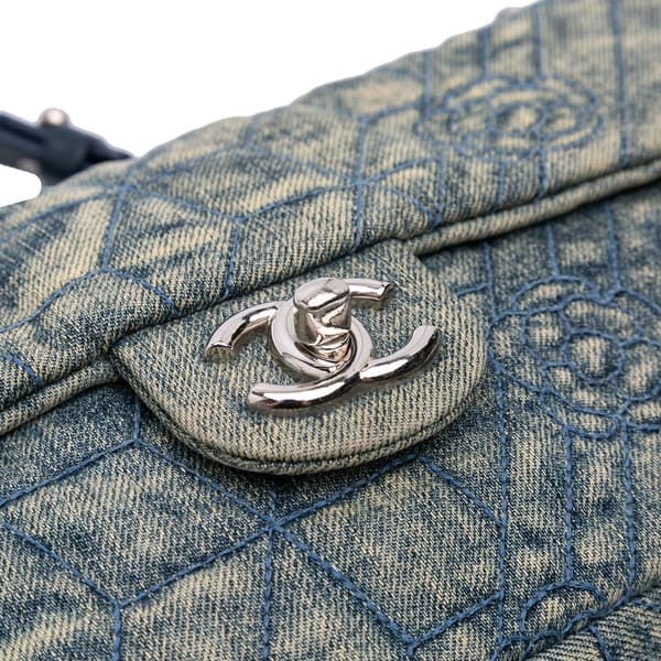 Pre-owned Chanel Medium Embroidered Denim Camellia Flap Blue
