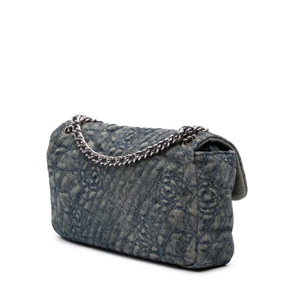 Pre-owned Chanel Medium Embroidered Denim Camellia Flap Blue