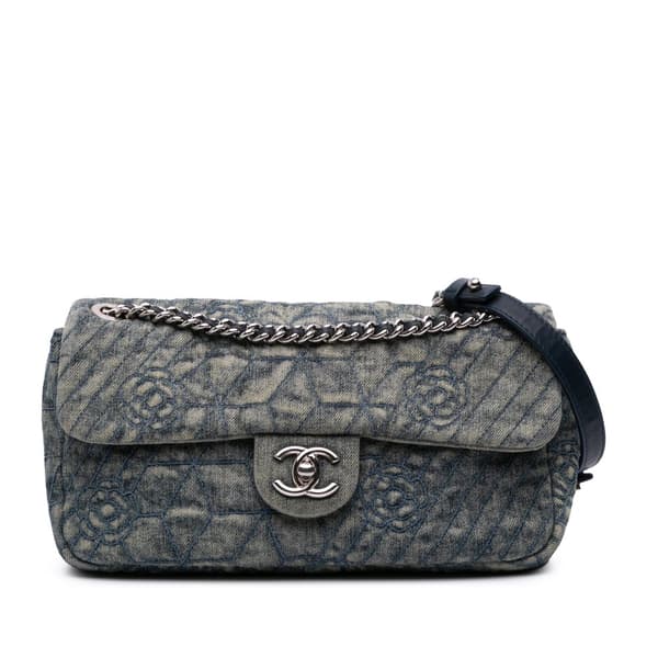 Pre-owned Chanel Medium Embroidered Denim Camellia Flap Blue