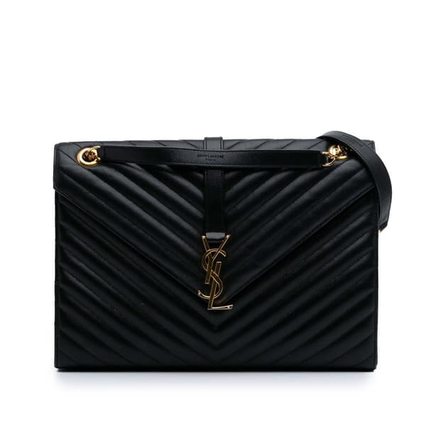 Pre-owned Saint Laurent Large Grain de Poudre Monogram Chevron Envelope Bag Black