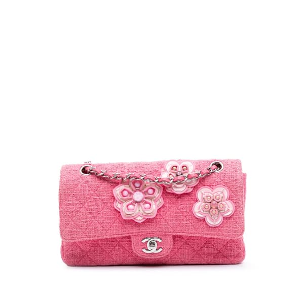 Pre-owned Chanel Medium Classic Tweed Beaded Flower Double Flap Pink
