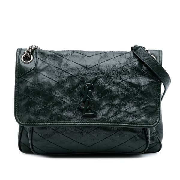 Pre-owned Saint Laurent Medium Crinkled Calfskin Niki Chain Bag Green