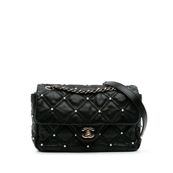 Pre-owned Chanel Medium Quilted Lambskin Pearl Studs Flap Black