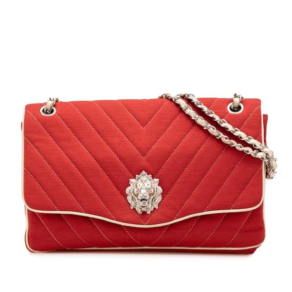 Pre-owned Chanel Jumbo Chevron Jersey Leo Lion Flap Red