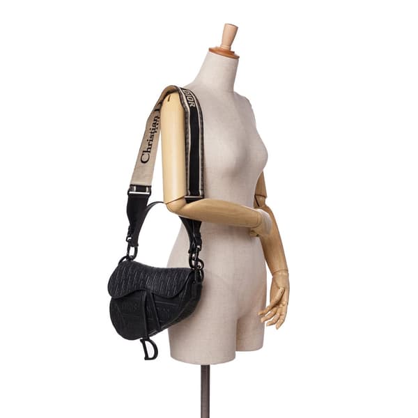 Pre-owned Dior Oblique Embossed Calfskin Saddle Bag Black