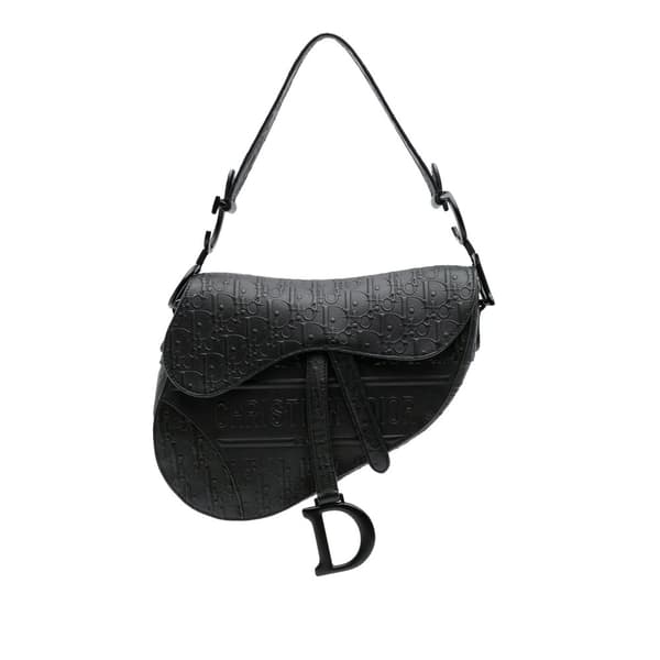 Pre-owned Dior Oblique Embossed Calfskin Saddle Bag Black