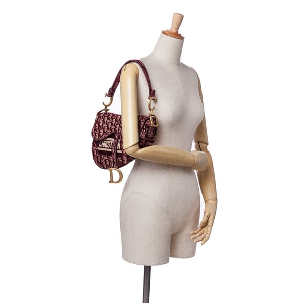 Pre-owned Dior Oblique Velvet Embroidered Saddle Bag Red
