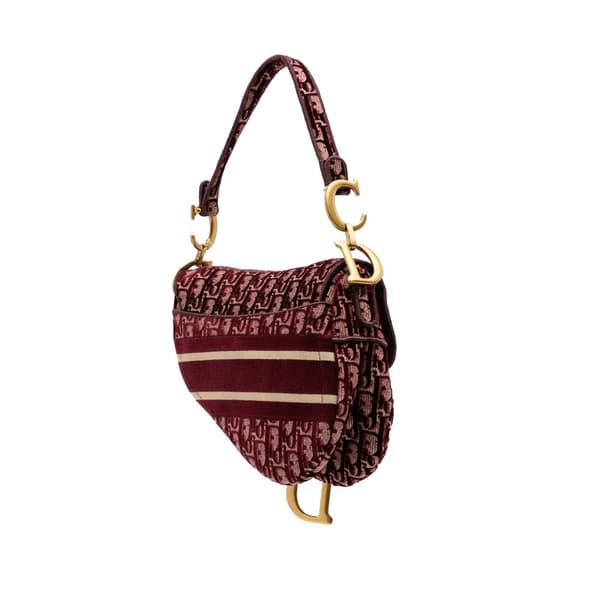Pre-owned Dior Oblique Velvet Embroidered Saddle Bag Red