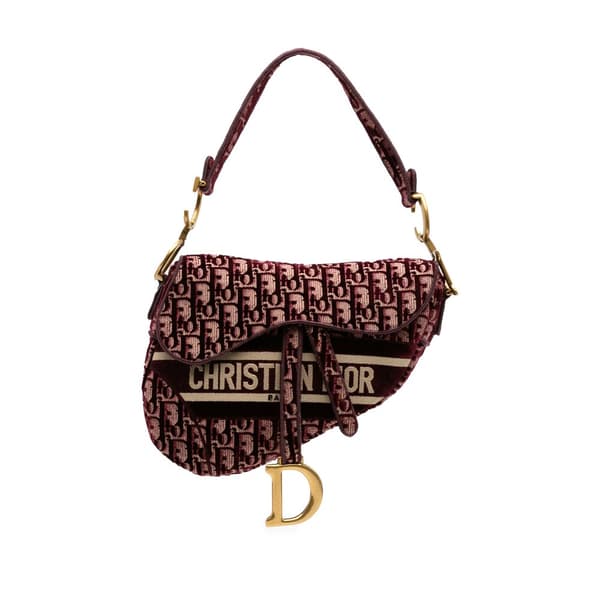 Pre-owned Dior Oblique Velvet Embroidered Saddle Bag Red