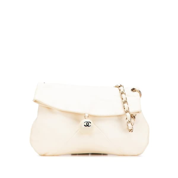 Pre-owned Chanel Lambskin Coco Ball Fold Over Flap White