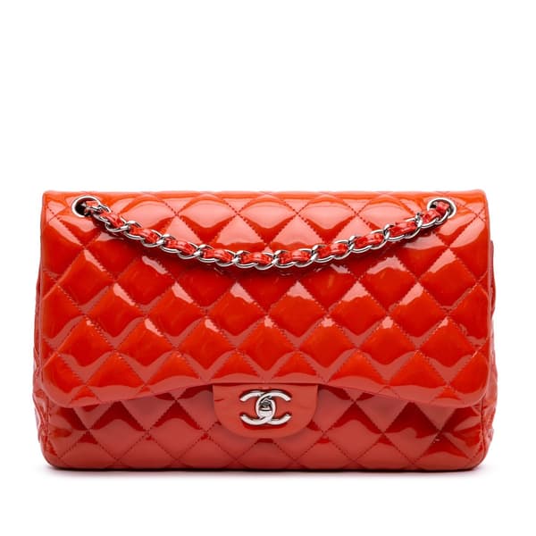 Pre-owned Chanel Jumbo Classic Patent Double Flap Orange