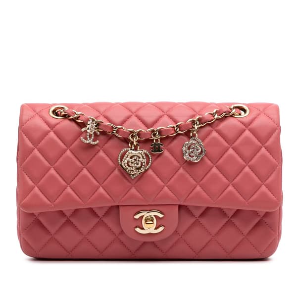 Pre-owned Chanel Medium Classic Lambskin Valentines Heart Charms Single Flap Pink