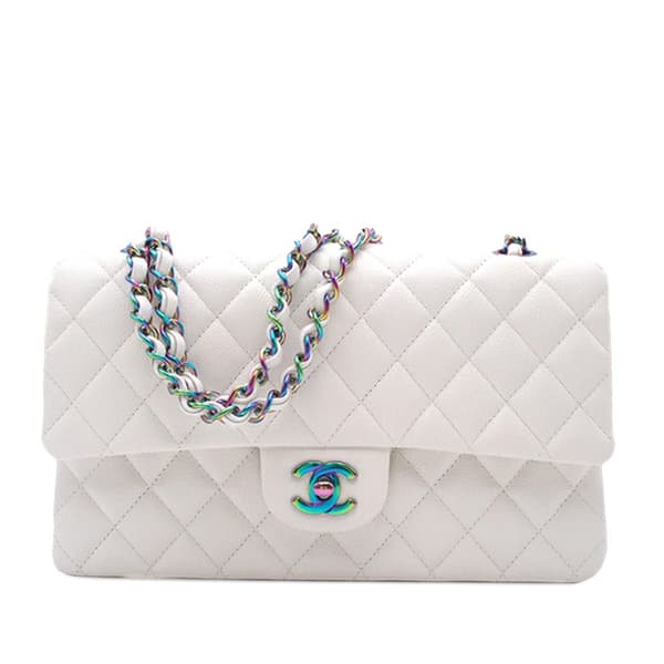 Pre-owned Chanel Medium Classic Iridescent Caviar Double Flap White