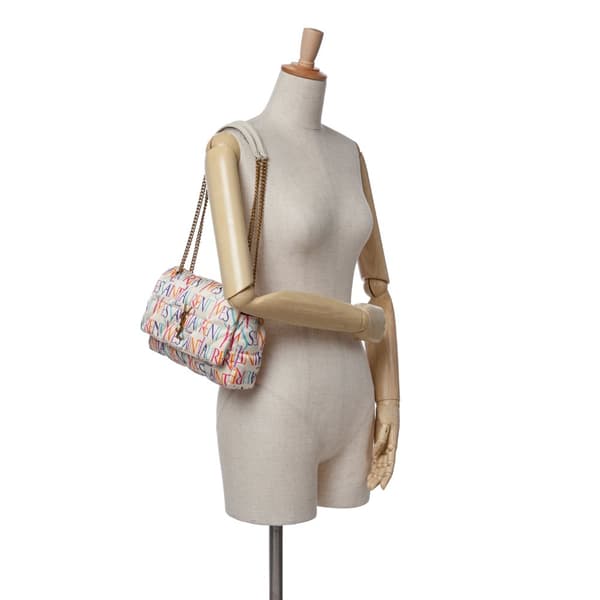 Pre-owned Saint Laurent Medium Silk Carre Rive Gauche Print Patchwork Jamie Shoulder Bag White