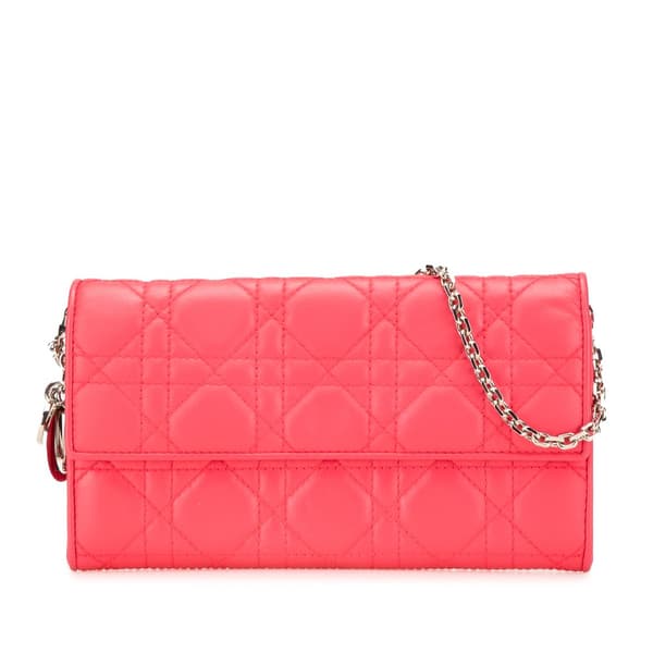 Pre-owned Dior Lambskin Cannage Lady Dior Wallet On Chain Pink