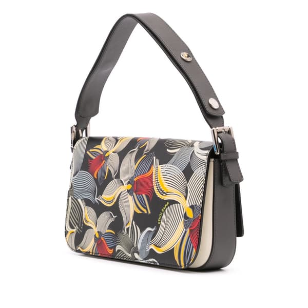 Pre-owned Fendi Leather Orchid Print 3Baguette Shoulder Bag Black