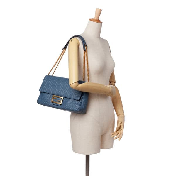 Pre-owned Fendi Large Zucca Embossed Leather Baguette Shoulder Bag Blue