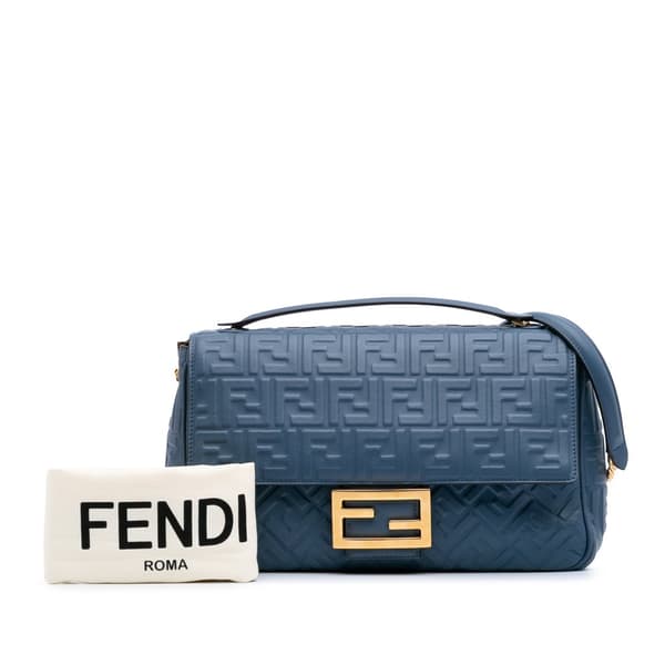 Pre-owned Fendi Large Zucca Embossed Leather Baguette Shoulder Bag Blue