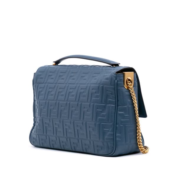 Pre-owned Fendi Large Zucca Embossed Leather Baguette Shoulder Bag Blue