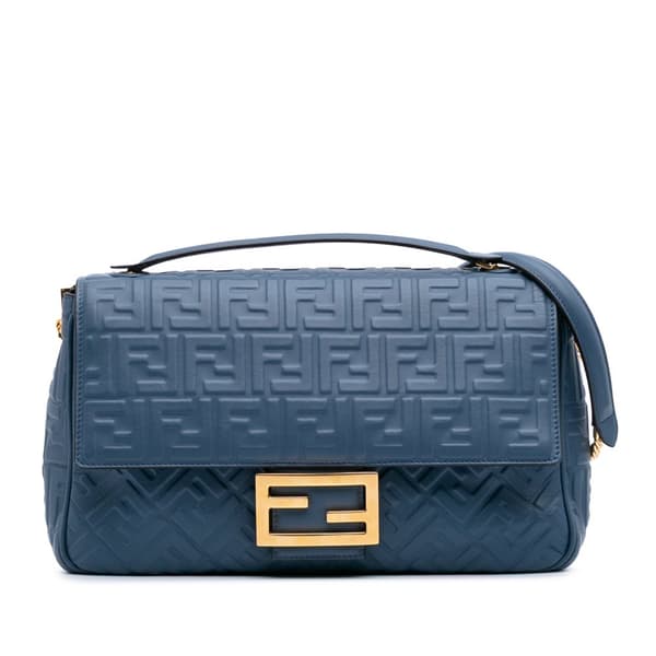 Pre-owned Fendi Large Zucca Embossed Leather Baguette Shoulder Bag Blue