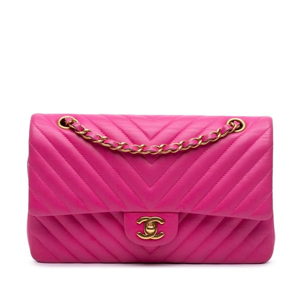 Pre-owned Chanel Medium Classic Chevron Lambskin Double Flap Pink