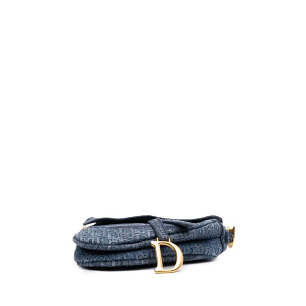 Pre-owned Dior Oblique Embroidered Denim Saddle Bag Blue