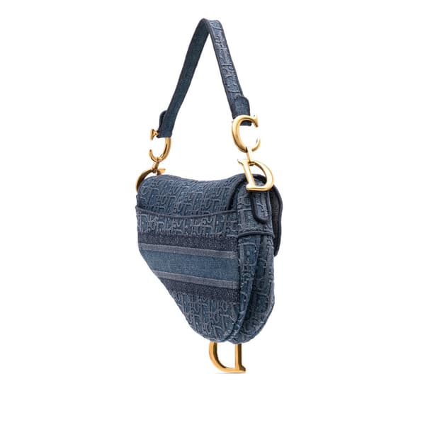 Pre-owned Dior Oblique Embroidered Denim Saddle Bag Blue
