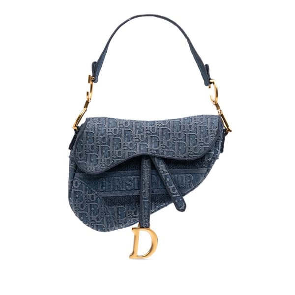 Pre-owned Dior Oblique Embroidered Denim Saddle Bag Blue