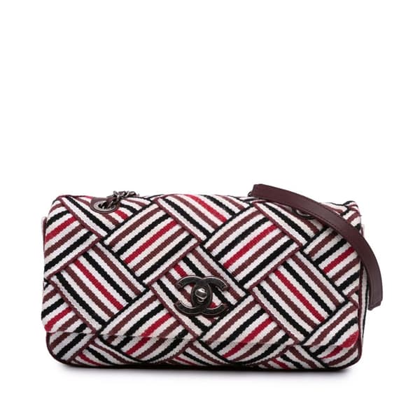 Pre-owned Chanel CC Canvas Stripe Flap White
