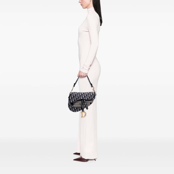 Pre-owned Dior Oblique Embroidered Canvas Saddle Bag Blue