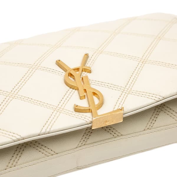 Pre-owned Saint Laurent Quilted Lambskin Diamond Becky Chain Wallet White