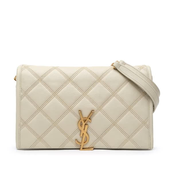 Pre-owned Saint Laurent Quilted Lambskin Diamond Becky Chain Wallet White