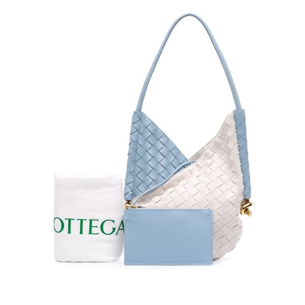 Pre-owned Bottega Veneta Small Nappa and Canvas Intrecciato Solstice Shoulder Bag Blue