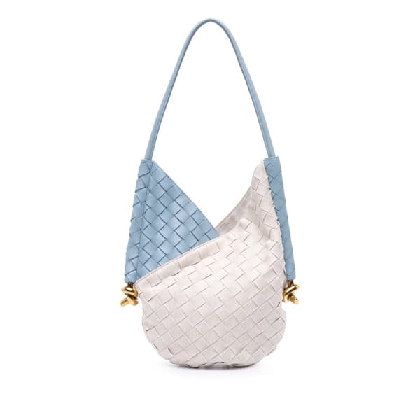 Pre-owned Bottega Veneta Small Nappa and Canvas Intrecciato Solstice Shoulder Bag Blue