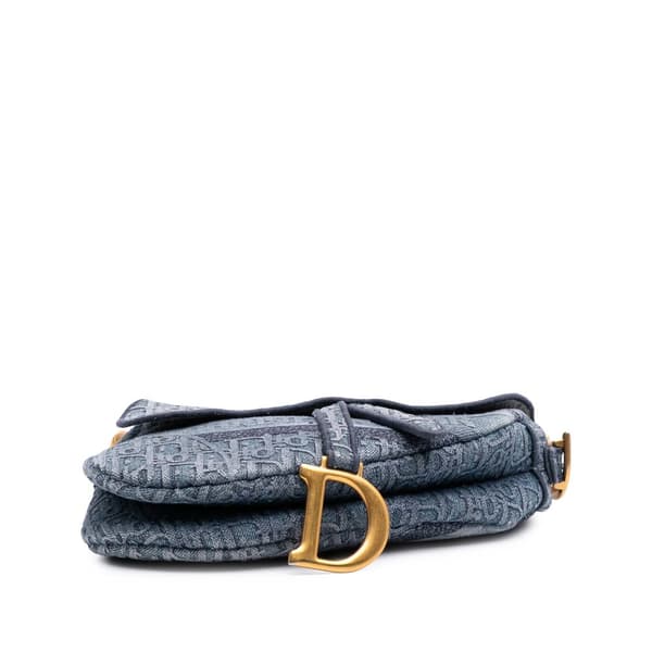 Pre-owned Dior Oblique Embroidered Denim Saddle Bag Blue