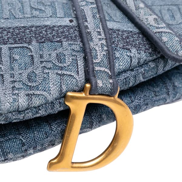Pre-owned Dior Oblique Embroidered Denim Saddle Bag Blue