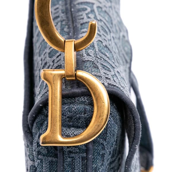Pre-owned Dior Oblique Embroidered Denim Saddle Bag Blue