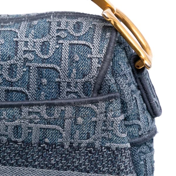 Pre-owned Dior Oblique Embroidered Denim Saddle Bag Blue