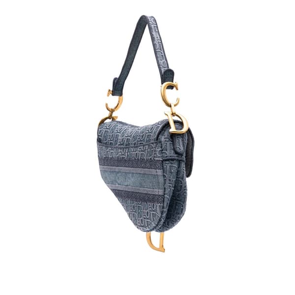 Pre-owned Dior Oblique Embroidered Denim Saddle Bag Blue
