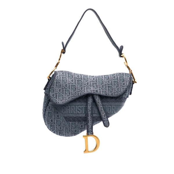 Pre-owned Dior Oblique Embroidered Denim Saddle Bag Blue