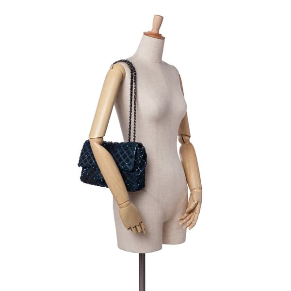 Pre-owned Chanel Medium Sequined Satin Single Flap Blue