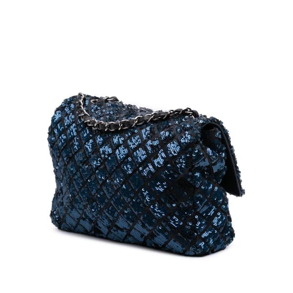 Pre-owned Chanel Medium Sequined Satin Single Flap Blue