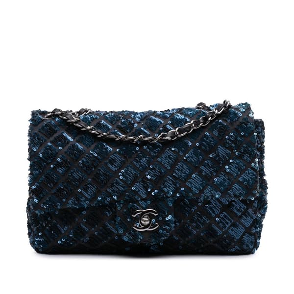 Pre-owned Chanel Medium Sequined Satin Single Flap Blue