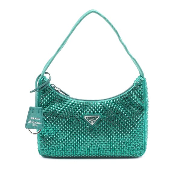 Pre-owned Prada Mini Satin Crystal Re Edition 2000 Shoulder Bag Green